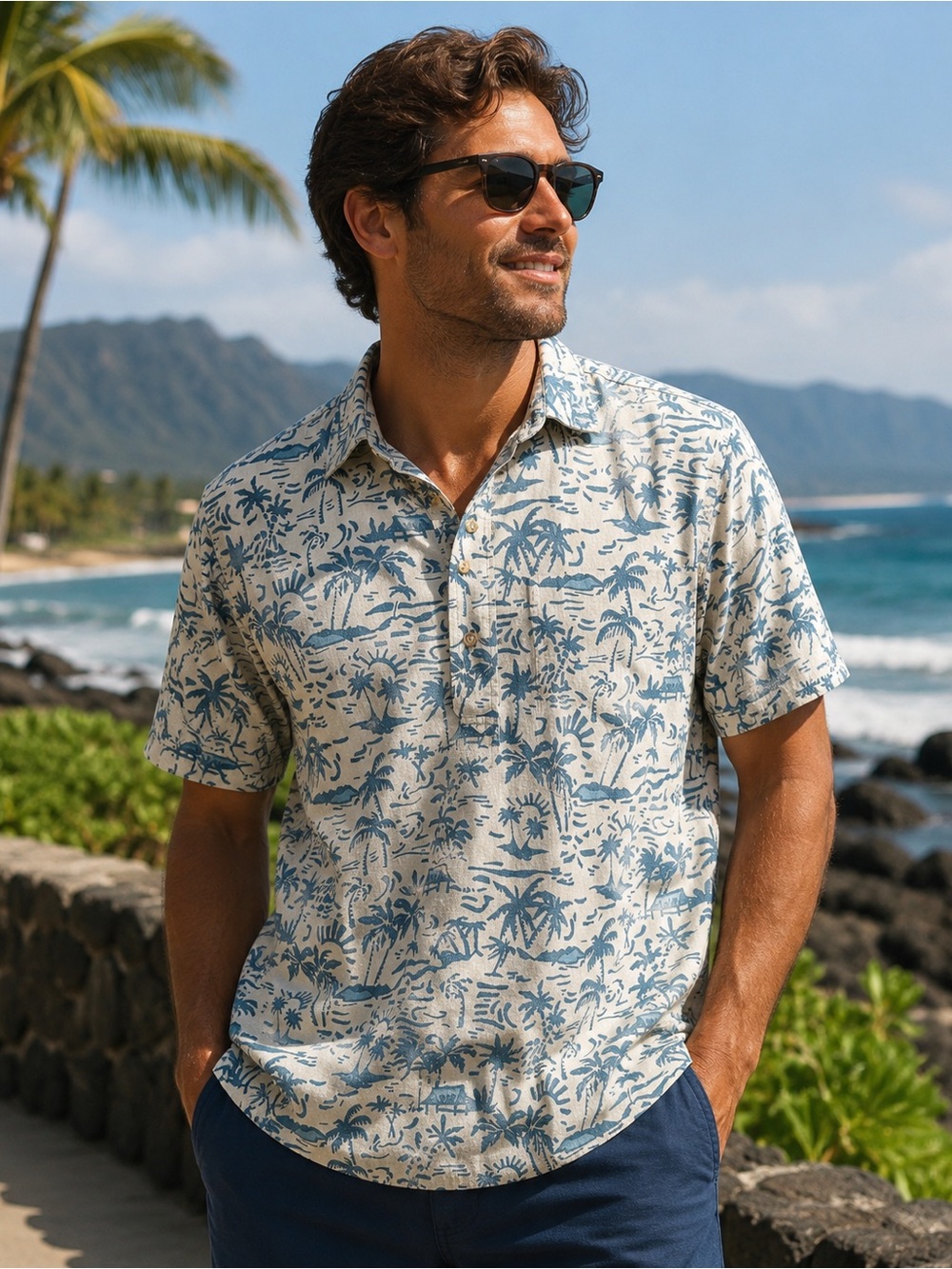 Vintage Ono & Company Liberty House Hawaiian Aloha Popover Shirt Sz Small Blue